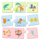 Djeco My daily life háromrészes párosító puzzle kirakott elemei esős, úszós és jelmezes jelenetekkel