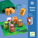Djeco Memo Sono hangpárosító játék színes állatos kockái és a zöld játéktábla közelről