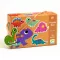 Djeco Duo Dinos párosító puzzle narancssárga hordozózsinóros doboza színes dinoszauruszos mintákkal