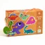 Djeco Duo Dinos párosító puzzle narancssárga hordozózsinóros doboza színes dinoszauruszos mintákkal