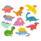 Tíz darab különböző színű és mintájú összeillesztett kétperces dinoszauruszos puzzle egymás mellett
