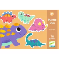 Djeco Duo Dinos párosító puzzle narancssárga hordozózsinóros doboza színes dinoszauruszos mintákkal