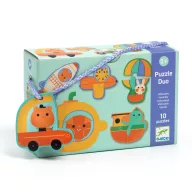 Djeco Járművek párosító puzzle zöld színű hordozható doboza lila zsinórral és autó mintás függővel