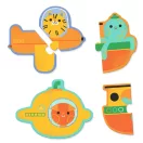 Szétválasztott és összeillesztett Djeco járműves puzzle elemek tigris repülővel és polip hajóval