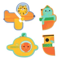 Djeco Járművek párosító puzzle zöld színű hordozható doboza lila zsinórral és autó mintás függővel