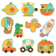 Djeco Járművek párosító puzzle zöld színű hordozható doboza lila zsinórral és autó mintás függővel