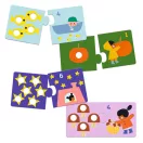 Kiterített Djeco számpárosító puzzle darabok halakkal, tökkel, csillagokkal és gombákkal