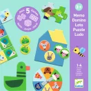 Közelkép a Djeco farmos társasjáték dobozának illusztrációiról és játéktípusairól