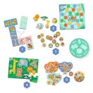A Djeco 5 az 1-ben Vadállatok társasjáték elemei: dominó, ludo fa figurákkal, memo, puzzle és lottó
