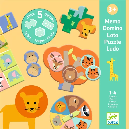 Djeco Társasjáték - 5 az 1-ben, Vadállatok - Wild animals, 5 GAMES