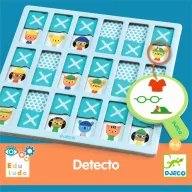 Djeco Detecto nyomkövető fejlesztő játék kék mintás doboza és a nagyító alakú nyomozókártya