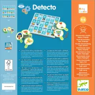 Djeco Detecto nyomkövető fejlesztő játék kék mintás doboza és a nagyító alakú nyomozókártya