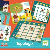 Djeco Eduludo Topologix térbeli tájékozódást fejlesztő játék doboza és fa tartozékai