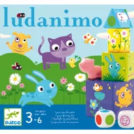 Djeco Ludanimo társasjáték doboza színes állatfigurákkal és építőkockákkal