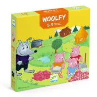 Djeco Woolfy társasjáték sárga doboza a három kismalac és a farkas illusztrációjával