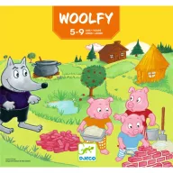 Djeco Woolfy társasjáték sárga doboza a három kismalac és a farkas illusztrációjával