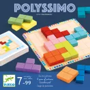 Djeco Polyssimo logikai játék fa elemei és egy feladatkártya a rácsos alaplap mellett