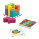 Djeco Cubissimo fa kockakirakó játék összeállítva a tartóalapon és a kártyák