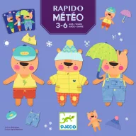Djeco Öltözz Teó Rapido Meteo társasjáték kék színű doboza rajta három különböző időjárásnak megfelelően felöltöztetett kistigrissel