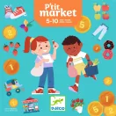 Djeco Pici-piac Little market társasjáték dobozának vidám, színes illusztrációja közelről