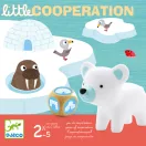 Djeco Little cooperation társasjáték dobozának eleje sarki állatokkal és fa dobókockával