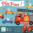 Djeco PinPon társasjáték grafika piros tűzoltóautóval és fa játékautóval