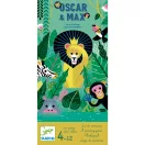 Djeco Oscar and Max memóriajáték dobozának előlapja színes dzsungel állatokkal