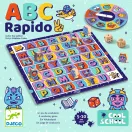 Djeco ABC Rapido társasjáték színes betűs táblája fa bábukkal, pörgettyűvel és dobókockákkal
