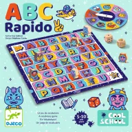 Djeco ABC Rapido szókincsfejlesztő társasjáték doboza színes betűs játéktáblával és fa bábukkal