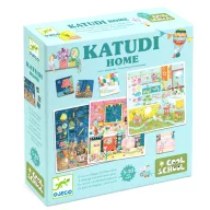 Djeco Katudi Home beszédfejlesztő társasjáték doboza kék háttérrel és illusztrált játéktáblákkal
