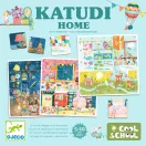 Djeco Katudi Home társasjáték dobozképe részletgazdag szobaillusztrációkkal és koordináta-kártyákkal