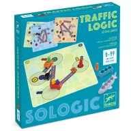 Djeco Traffic Logic logikai játék kék színű doboza színes járművekkel és feladatlapokkal