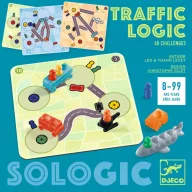 Djeco Traffic Logic logikai játék kék színű doboza színes járművekkel és feladatlapokkal