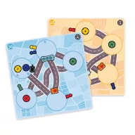 Djeco Traffic Logic logikai játék kék színű doboza színes járművekkel és feladatlapokkal