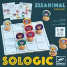 Djeco Zizanimal sologic fejtörő játék fa állatfigurái a négyzetrácsos táblán