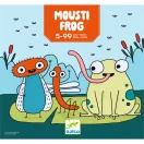 Moustifrog társasjáték színes, humoros illusztrációja békával és rovarokkal