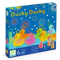 Djeco Kacsa szerencse Lucky Ducky társasjáték kék doboza színes gumikacsákkal és fa figurákkal