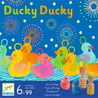 Djeco Kacsa szerencse Lucky Ducky társasjáték kék doboza színes gumikacsákkal és fa figurákkal