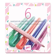 Djeco 6 darabos csillámos filctoll készlet doboza és a színes markerek