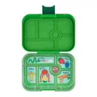 Yumbox Original 6 rekeszes uzsonnás doboz Jurassic Green Funny Monsters mintával nyitott állapotban