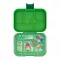 Yumbox Original 6 rekeszes uzsonnás doboz Jurassic Green Funny Monsters mintával nyitott állapotban