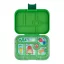 Yumbox Original 6 rekeszes uzsonnás doboz Jurassic Green Funny Monsters mintával nyitott állapotban