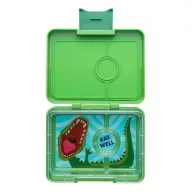 Yumbox Snack 3 rekeszes Jurassic Green Dinosaur mintás zöld uzsonnás doboz kinyitva dinós tálcával