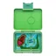 Yumbox Snack 3 rekeszes Jurassic Green Dinosaur mintás zöld uzsonnás doboz kinyitva dinós tálcával