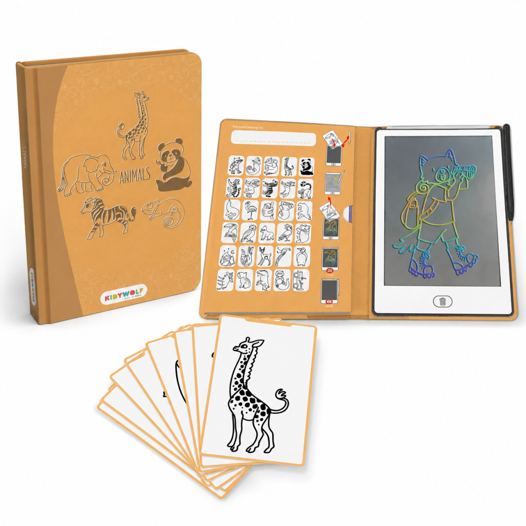 Kidywolf Kidydraw Mini Animals LCD rajztábla összecsukott állapotban sárga állatmintás tokban