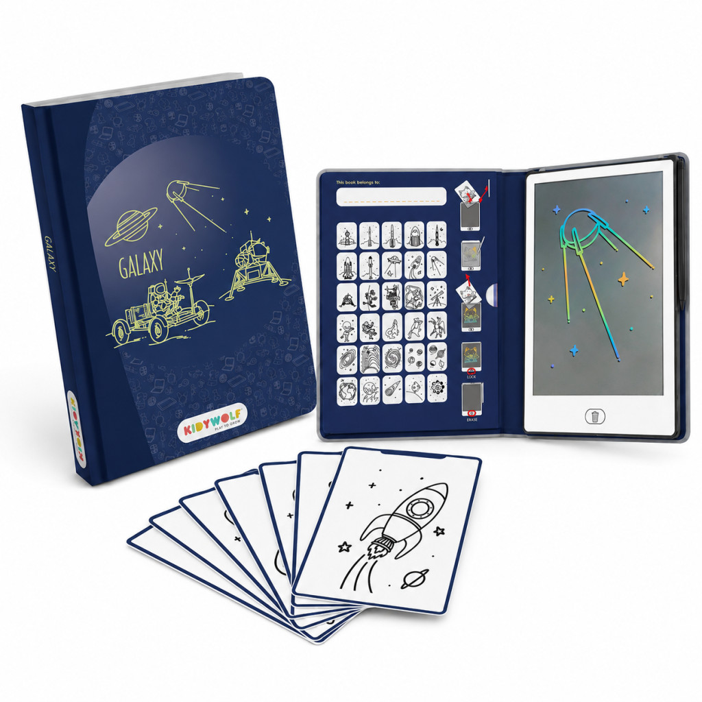 Kidywolf Kidydraw Mini Galaxy könyv formájú LCD rajztábla csukott állapotban kék galaxis mintával