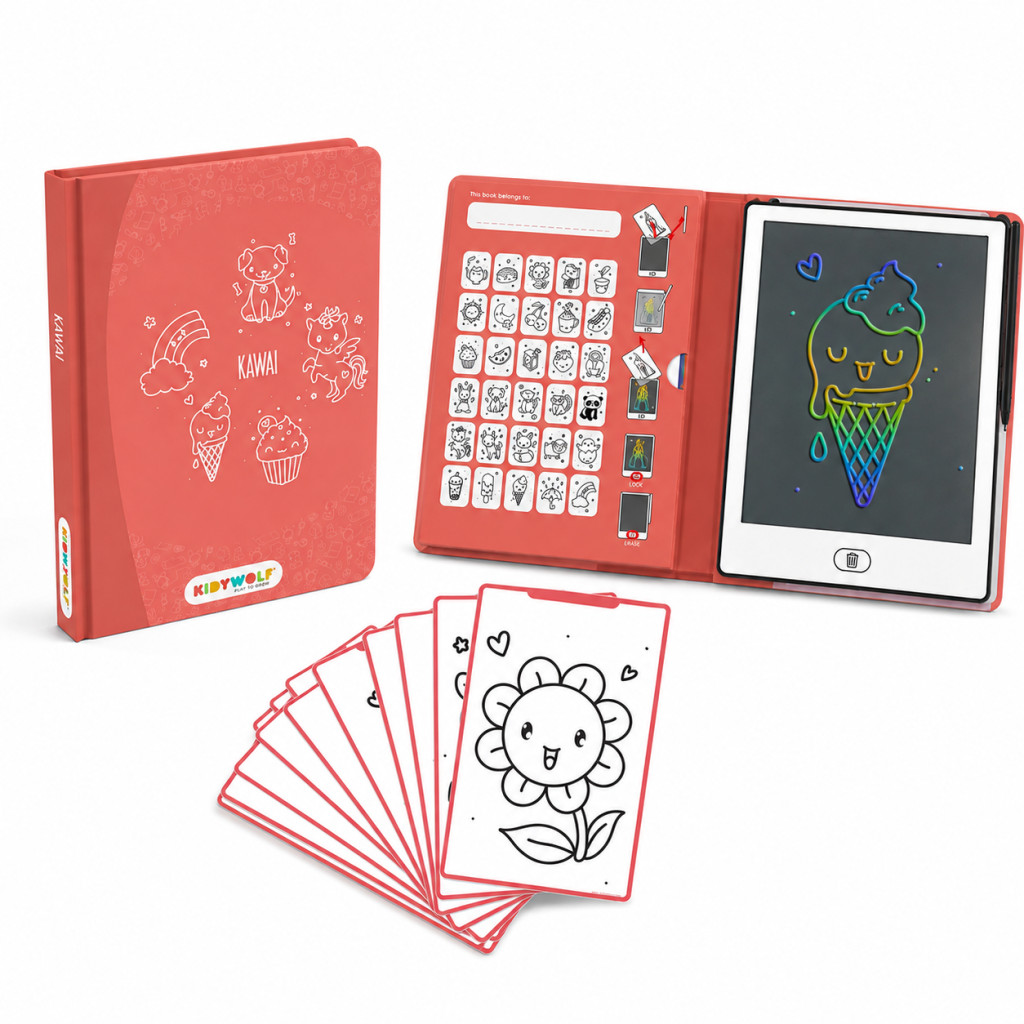 Kidywolf Kidydraw Mini Kawaii összecsukható LCD rajztábla piros borítóval és mintákkal