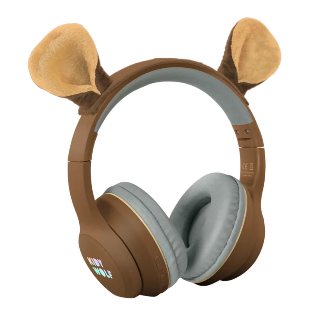 Kidywolf Kidyears Maci barna bluetooth gyerek fejhallgató mágneses plüss fülekkel fehér háttér előtt