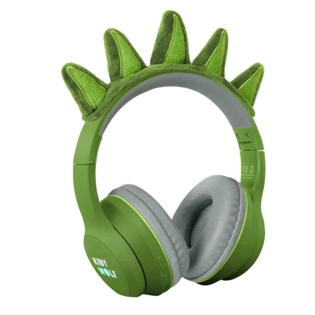 Kidywolf Kidyears Dinosaurs zöld bluetooth gyerek fejhallgató mágneses dinó taréjjal elölnézetből