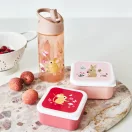 Petit Monkey nyuszis és egeres snack doboz barack színű gyerek kulaccsal az asztalon